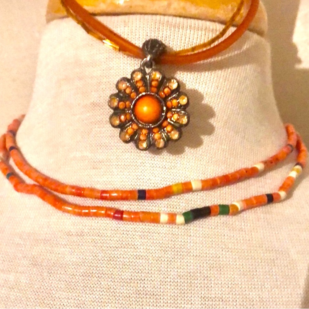 Orange Necklace Bundle  1 Round w/Range Jeweled Floral Pendant/Long Rou